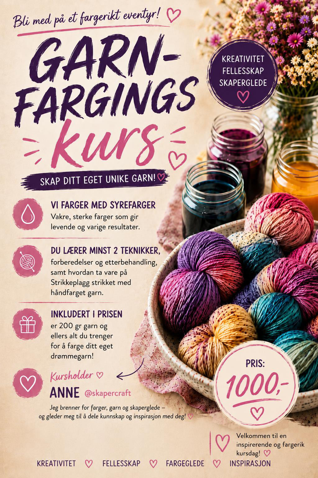 Garnfargingkurs. Lørdag 1 August 16.00-19.00