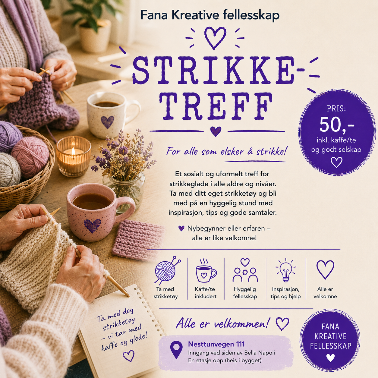 Strikketreff. Torsdag 23.juli Kl. 12.00 - 15.00