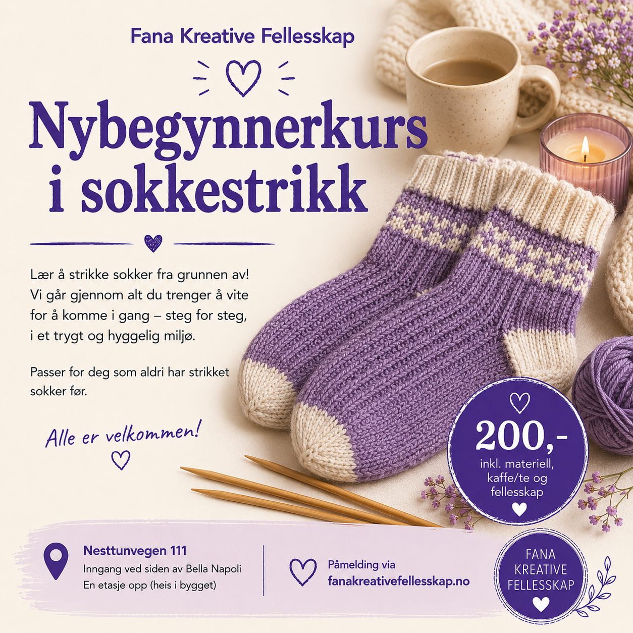 Nybegynnerkurs i sokkestrikk . Fredag 31.juli. 17.00 - 20.00