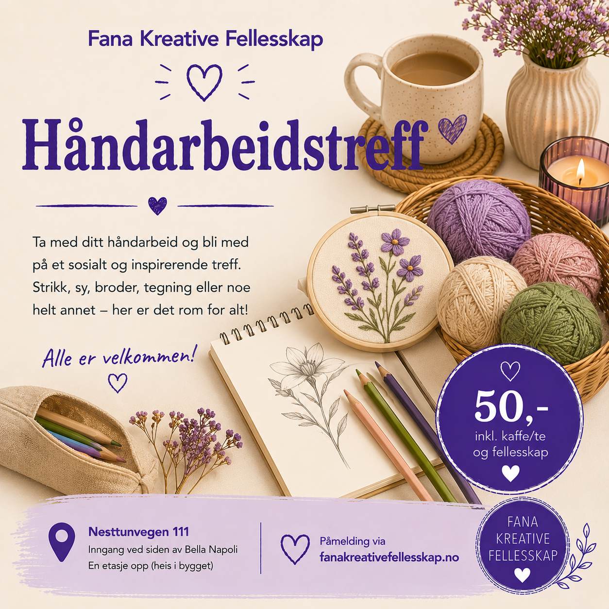 Håndarbeidstreff. Søndag 23 August.  12-15