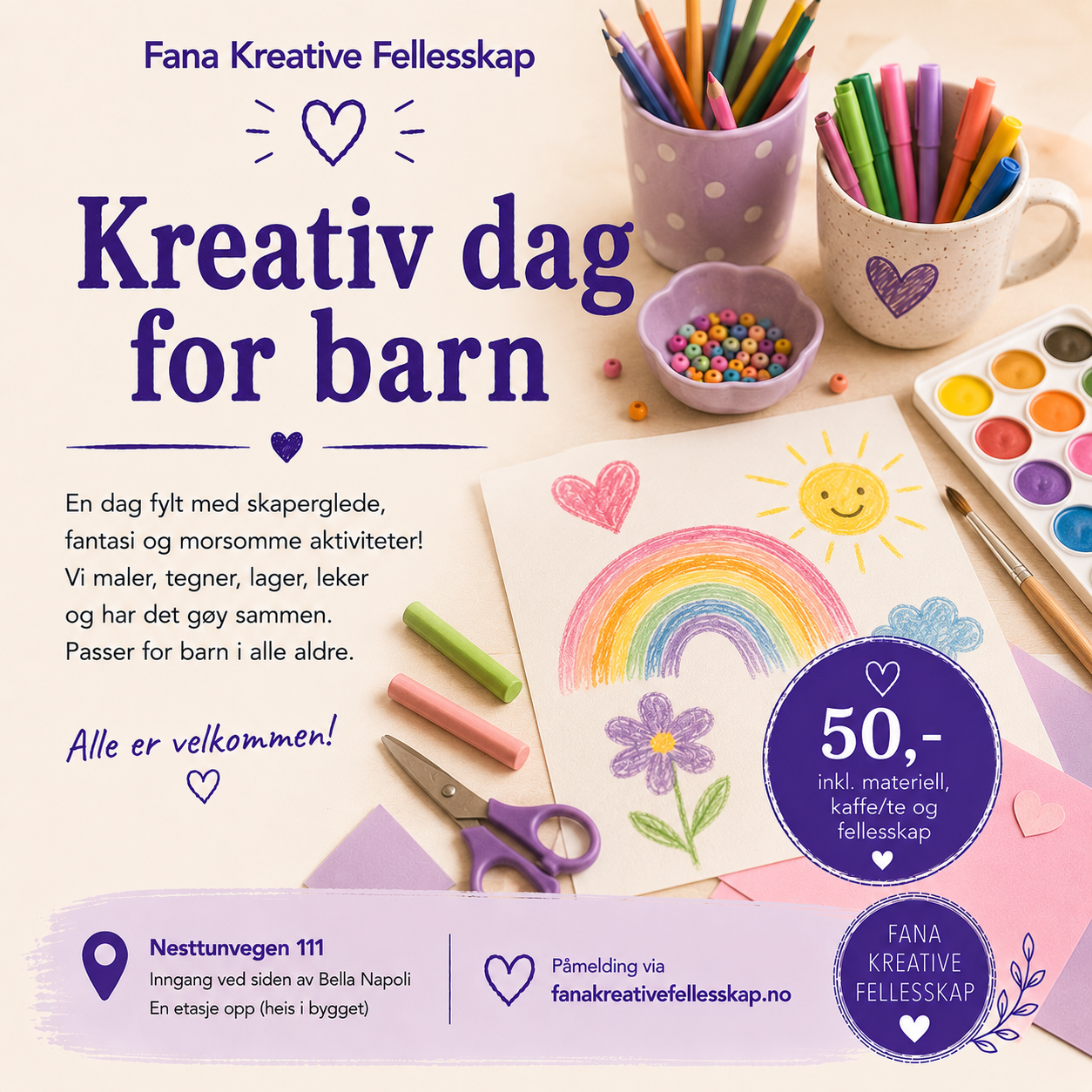 Kreativ dag for barn. Søndag 30 August 13-16