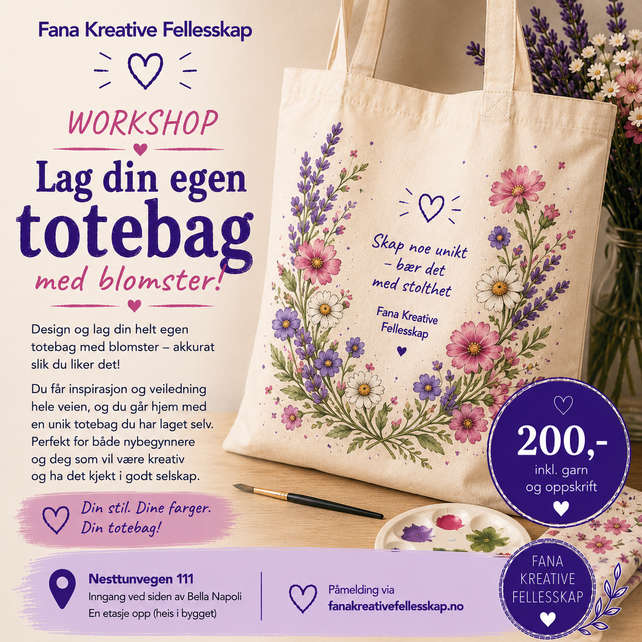 Lag din egen totebag med blomster . Tirsdag 21.juli. 18.00 - 21.00