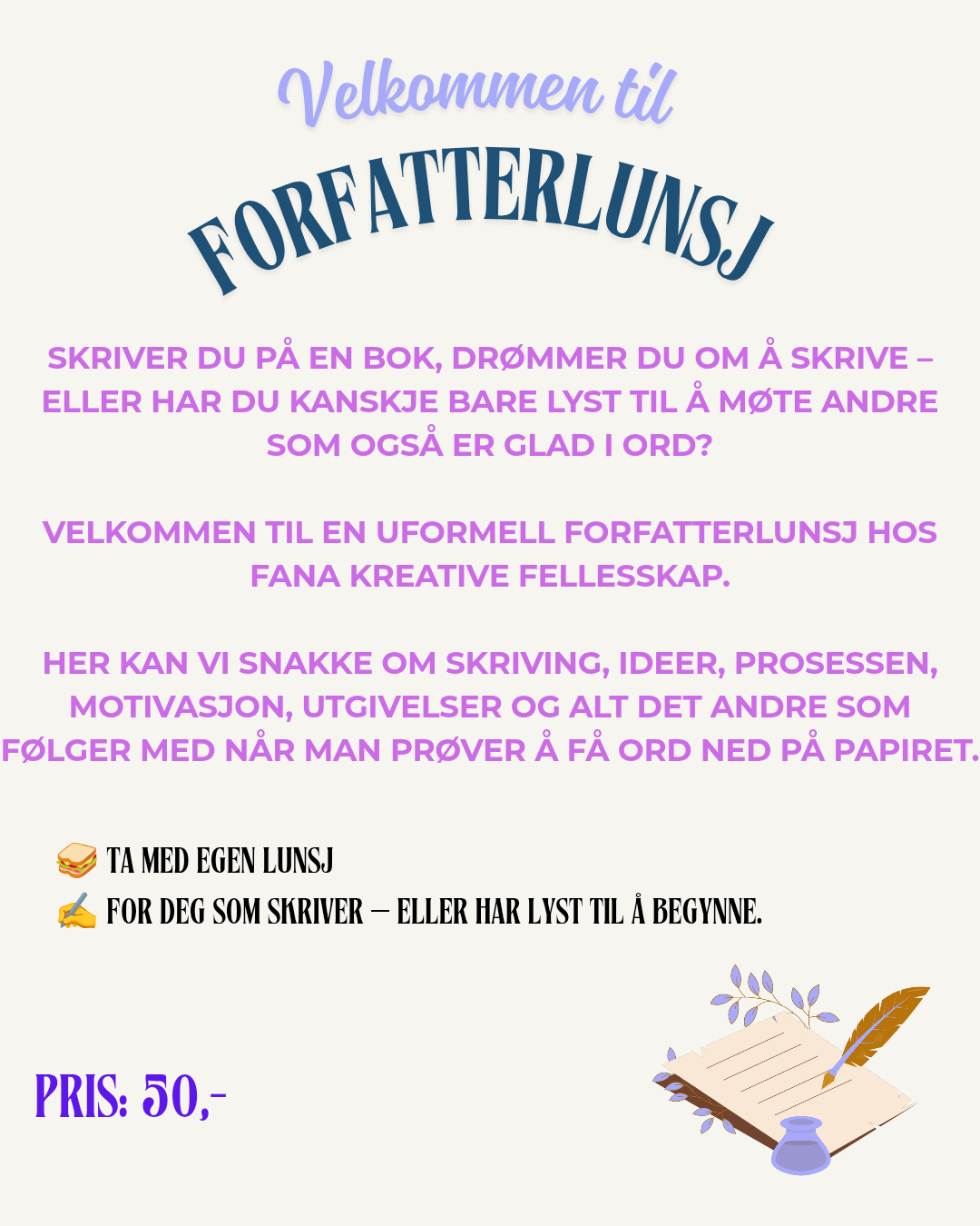 Forfatter lunsj Onsdag 10 September. 11.00-13.00